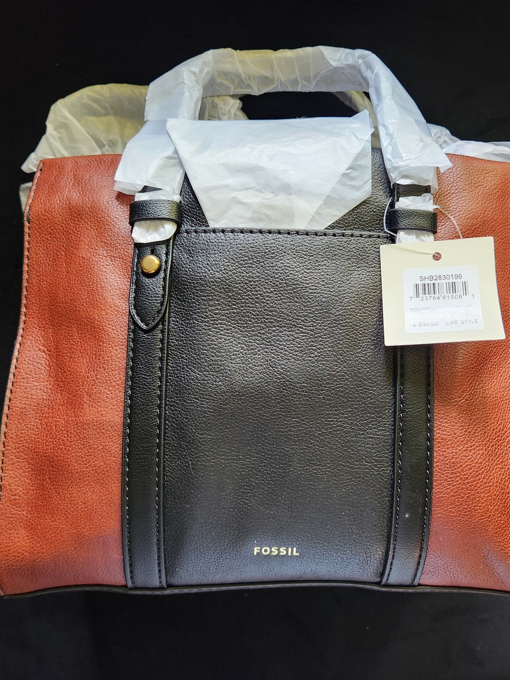 Fossil Two-Tone Black and Brown Leather Tote